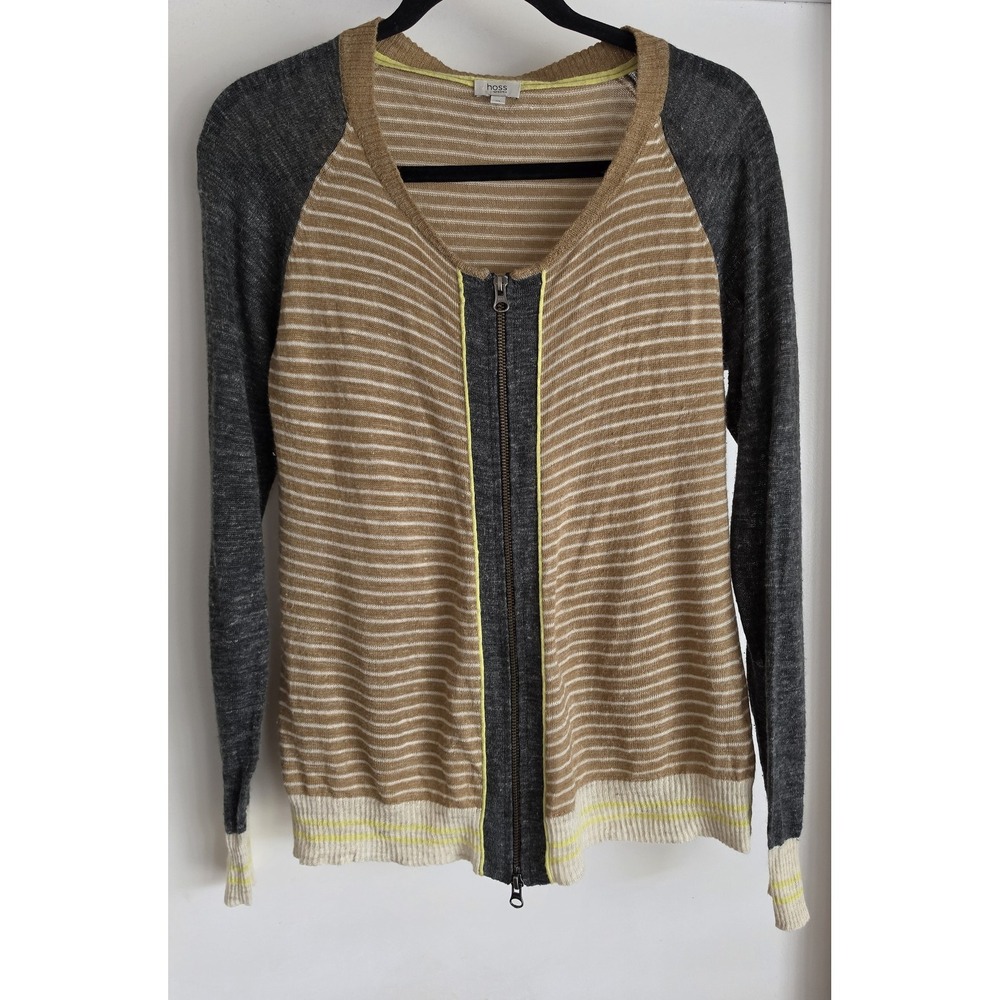 Hoss Intropia Anthropologie Sweater XL Striped Long Sleeve Tan Grey Top